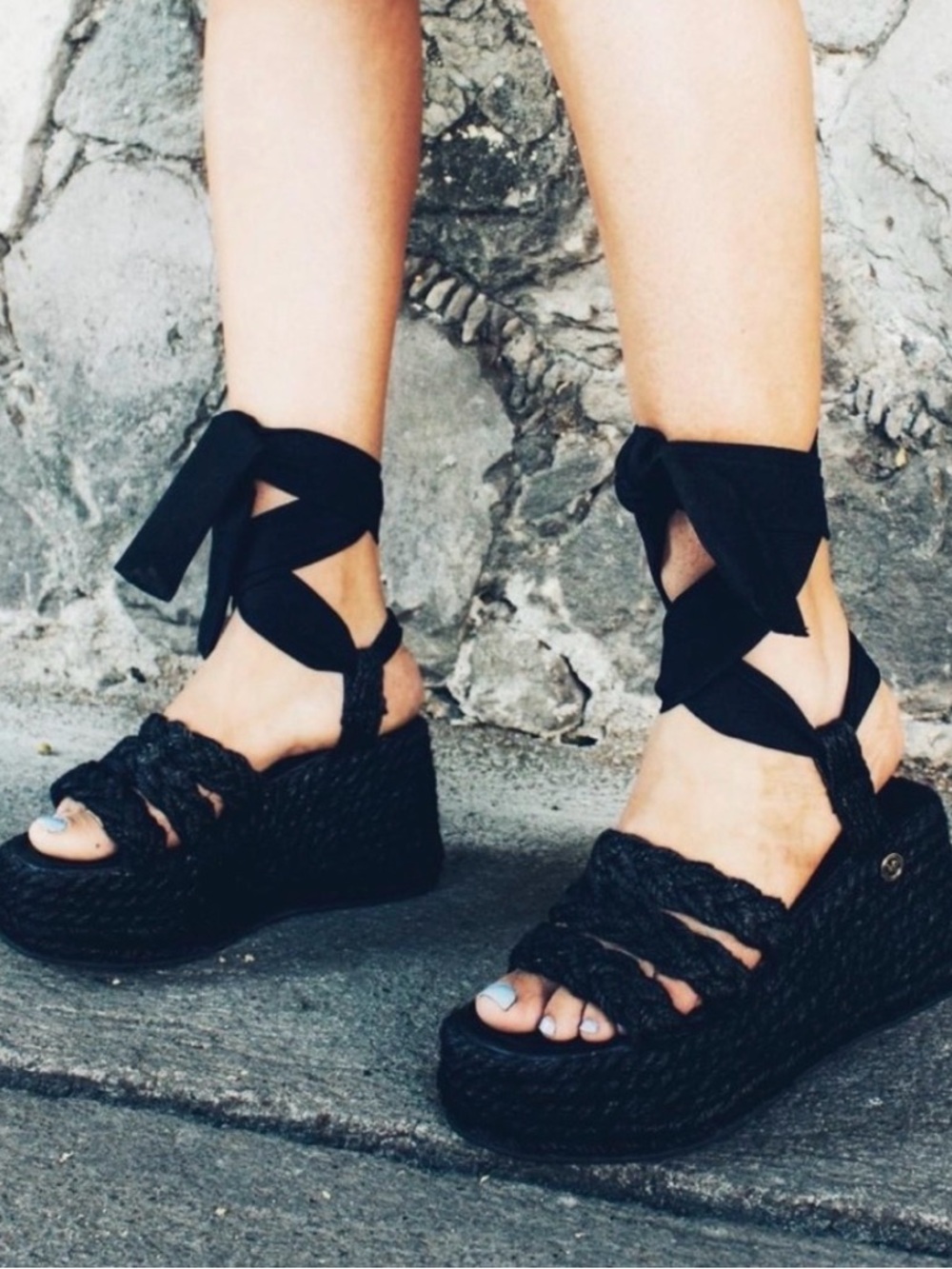 Othr Black Braided Espadrille Lace-Up Wedge Sandals